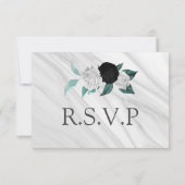 Elegant zwarte witte en blauwgroen blauwe bloemen RSVP kaartje (Achterkant)