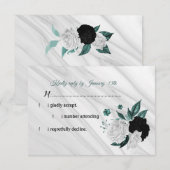 Elegant zwarte witte en blauwgroen blauwe bloemen RSVP kaartje (Voorkant / Achterkant)