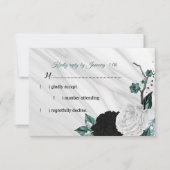 Elegant zwarte witte en blauwgroen blauwe bloemen RSVP kaartje (Voorkant)