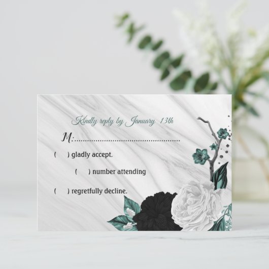 Elegant zwarte witte en blauwgroen blauwe bloemen RSVP kaartje (Staand voorkant)