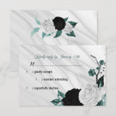 Elegant zwarte witte en blauwgroen blauwe bloemen RSVP kaartje (Voorkant / Achterkant)