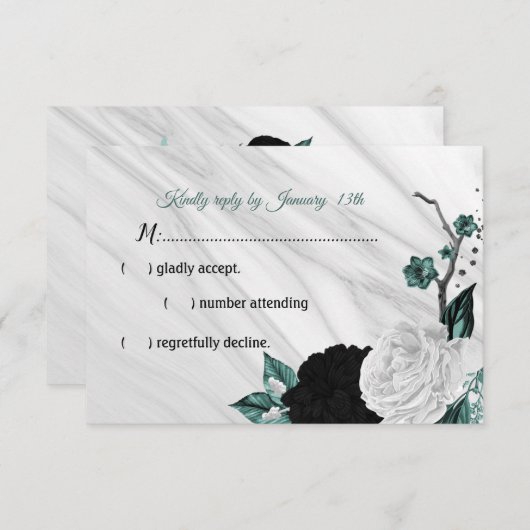 Elegant zwarte witte en blauwgroen blauwe bloemen RSVP kaartje (Voorkant / Achterkant)