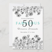 Elegant zwarte witte florale vijftigste verjaardag kaart (Voorkant)