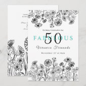 Elegant zwarte witte florale vijftigste verjaardag kaart (Voorkant / Achterkant)