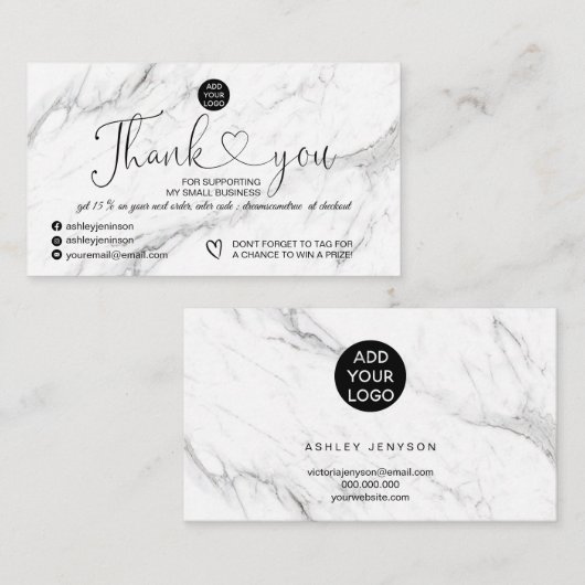 Elegant zwarte witte marmer logo bedankt visitekaartje (Voorkant / Achterkant)