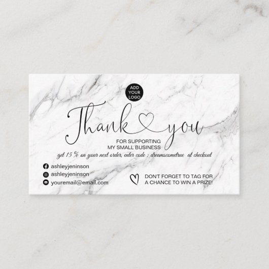 Elegant zwarte witte marmer logo bedankt visitekaartje (Voorkant)