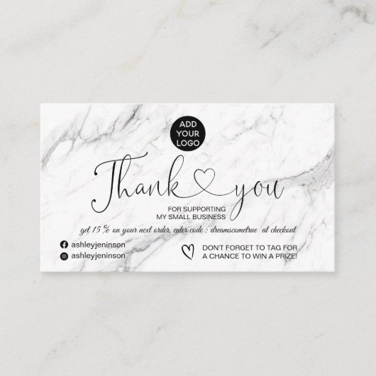 Elegant zwarte witte marmer logo bedankt visitekaartje (Voorkant)