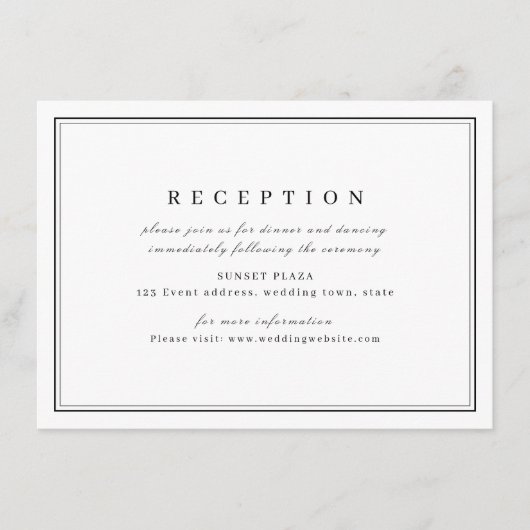 Elegant zwarte witte minimalistische trouwreceptie informatiekaartje (Voorkant)