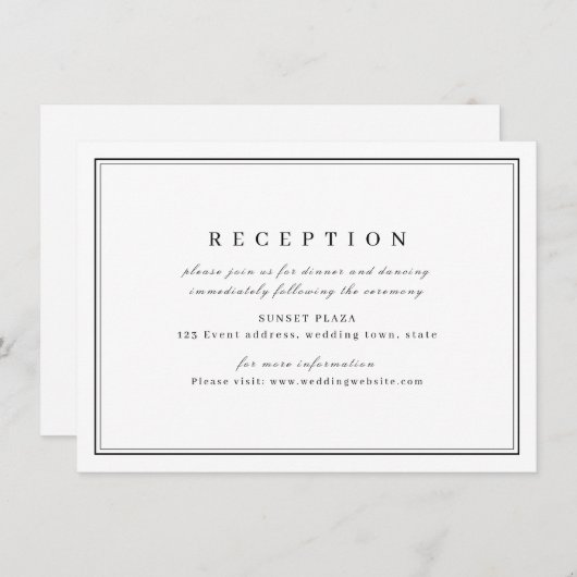 Elegant zwarte witte minimalistische trouwreceptie informatiekaartje (Voorkant / Achterkant)