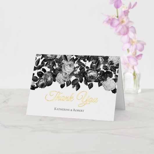 Elegant Zwarte Witte Rozen met Bericht Folie Wenskaart (Orchidee)