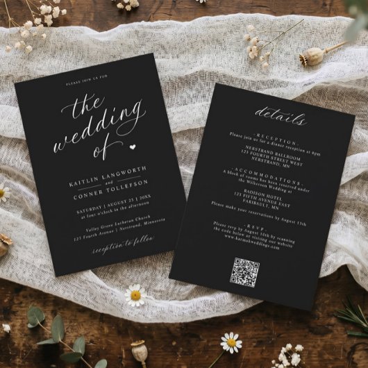 Elegant Zwarte & Witte Script All-in-one Trouwdag Kaart