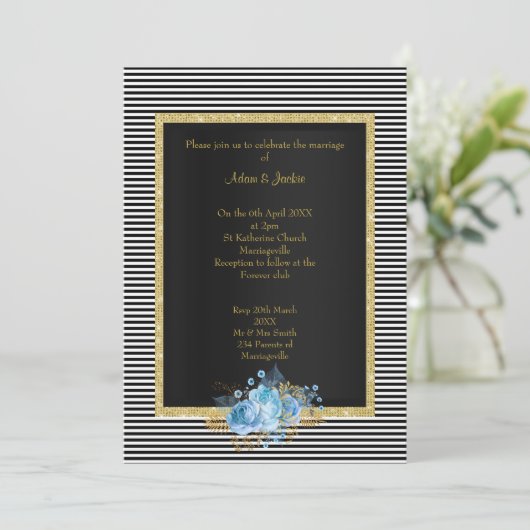 ELEGANT ZWARTE WITTE STRIPE BLUE BOUW WEDING KAART (Staand voorkant)
