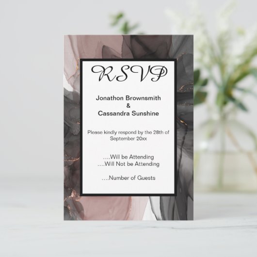 ELEGANT ZWEVEND ZWART ROZE RSVP KAART (Staand voorkant)