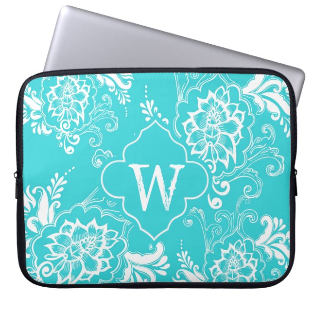 Elegantaqua blauwe decoratieve bloemrijke monogram laptop sleeve (Voorkant)