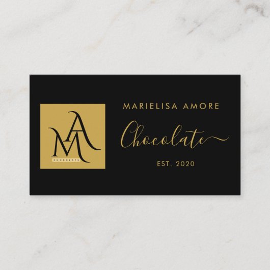ElegantBlack Gold Script Logo Chocolate Branding Visitekaartje (Voorkant)
