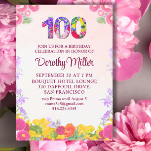 Elegante 100e verjaardag - Floral 100 uitnodiging