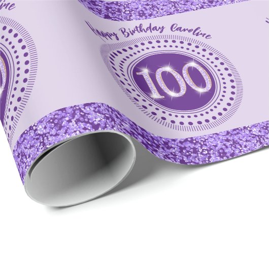 Elegante 100e verjaardag Paarse glitter met strepe Cadeaupapier (Rol Hoek)