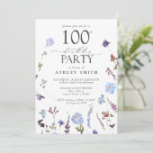 Elegante 100e verjaardag Party Blauwe Wildbloemen Kaart (Staand voorkant)