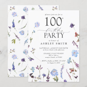 Elegante 100e verjaardag Party Blauwe Wildbloemen Kaart
