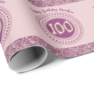 Elegante 100e verjaardag Roze Goud Glitter & Strep Cadeaupapier