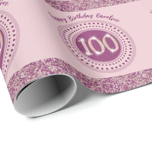 Elegante 100e verjaardag Roze Goud Glitter & Strep Cadeaupapier (Rol Hoek)