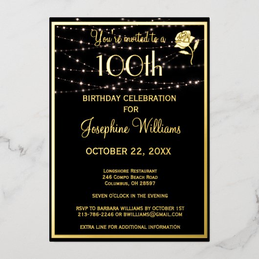 Elegante 100e verjaardag Zwart ECHT Goud Folie Uitnodiging (Voorkant)