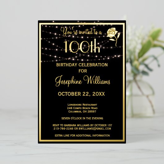 Elegante 100e verjaardag Zwart ECHT Goud Folie Uitnodiging (Staand Voorkant)