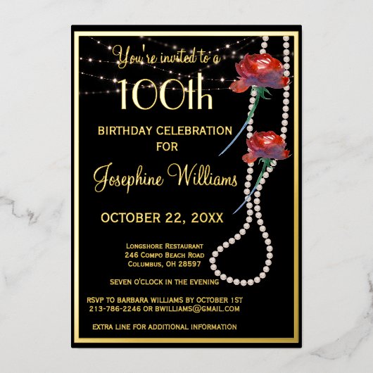 Elegante 100e verjaardag Zwart ECHT Goud Folie Uitnodiging (Voorkant)