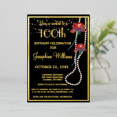Elegante 100e verjaardag Zwart ECHT Goud Folie Uitnodiging (Staand Voorkant)