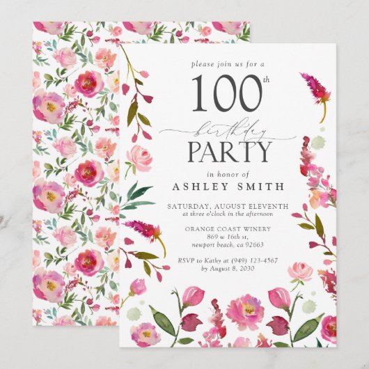 Elegante 100ste roze Waterverf Floral Birthday Kaart (Voorkant / Achterkant)