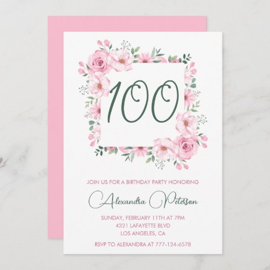 Elegante 100ste verjaardag uitnodigingen Floral Pi (Voorkant / Achterkant)