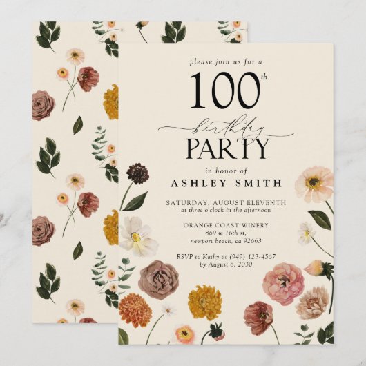 Elegante 100ste Verjaardagsfeestje Terracotta Bloe Kaart (Voorkant / Achterkant)
