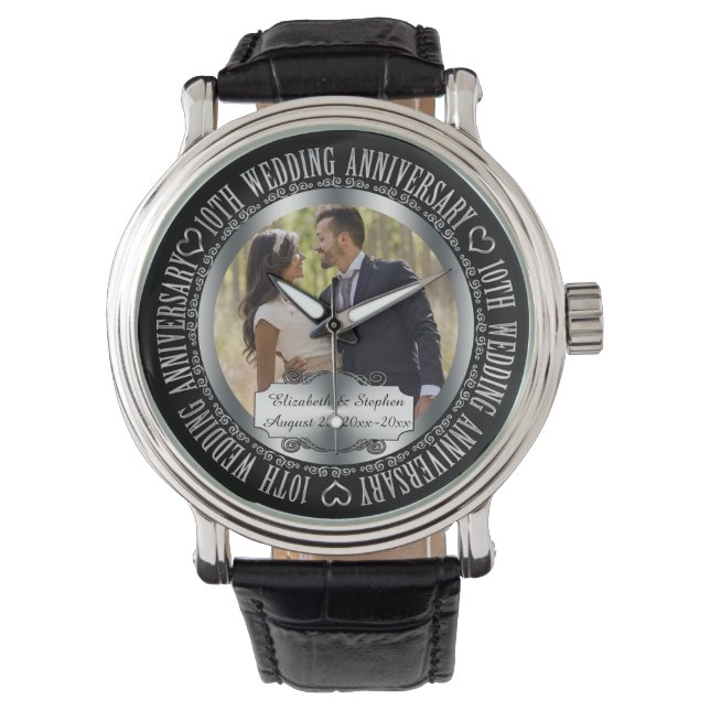 Elegante 10e bruiloft Jubileum foto namen Horloge (Voorkant)