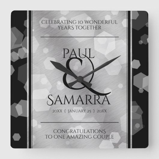 Elegante 10e Tin Bruiloft Jubileum Acryl Vierkante Klok (Voorkant)