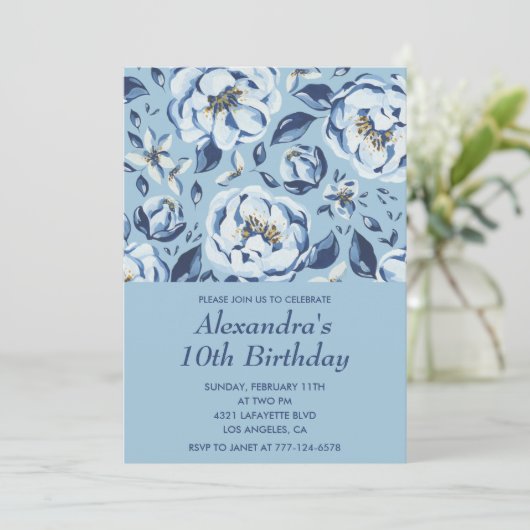 Elegante 10e verjaardag uitnodigingen Floral Blue (Staand voorkant)