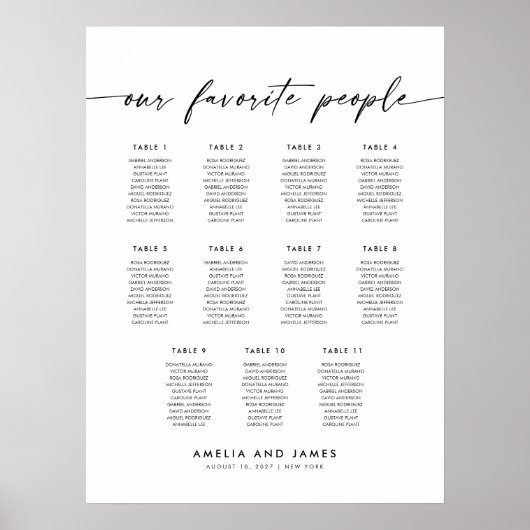 Elegante 11 tafels Favoriete mensen Zitplaatskaart Poster (Voorkant)
