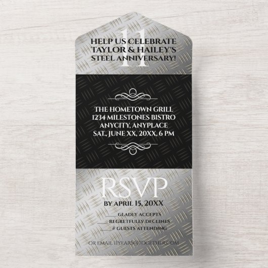 Elegante 11e stalen huwelijksjubileumviering all in one uitnodiging (Binnen)