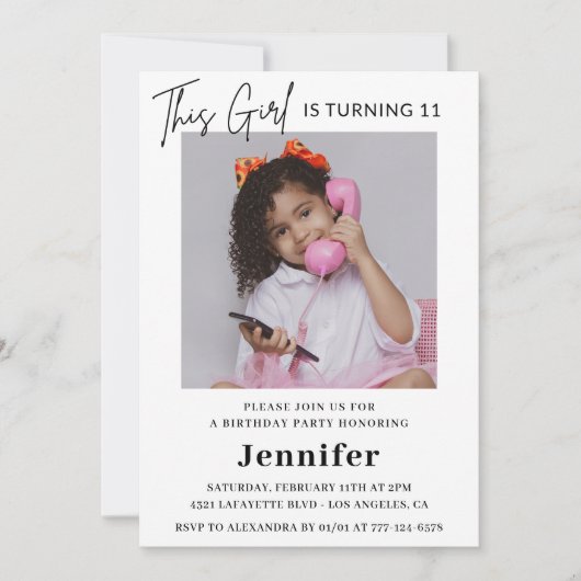 Elegante 11e verjaardag uitnodiging Photo Girl Mod (Voorkant)
