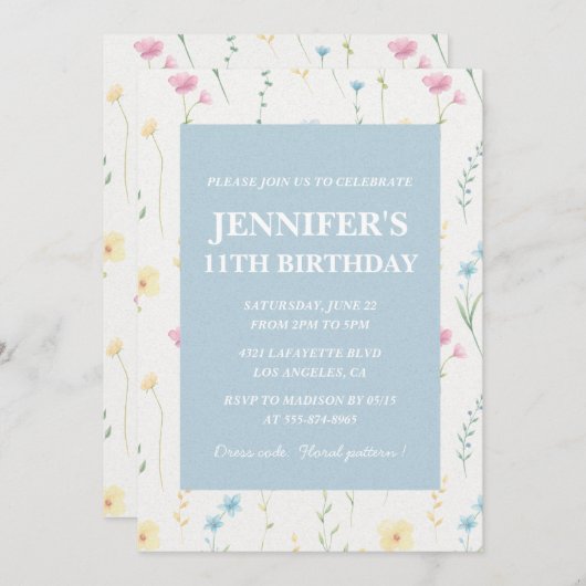 Elegante 11e verjaardag uitnodigingen Floral Boho (Voorkant / Achterkant)