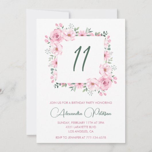 Elegante 11e verjaardag uitnodigingen Floral Pink (Voorkant)