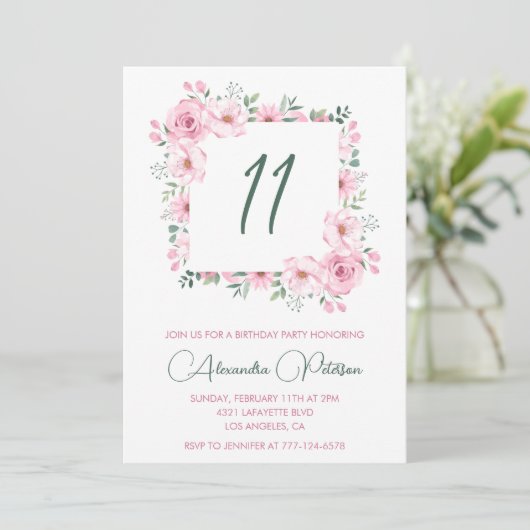 Elegante 11e verjaardag uitnodigingen Floral Pink (Staand voorkant)