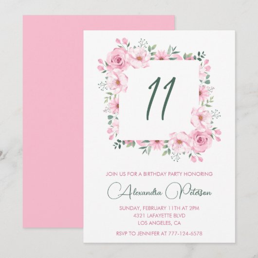 Elegante 11e verjaardag uitnodigingen Floral Pink (Voorkant / Achterkant)