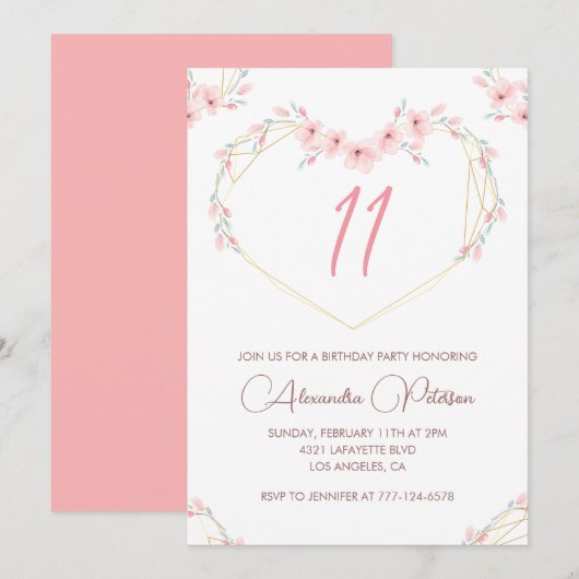 Elegante 11e verjaardag uitnodigingen Pink Floral (Voorkant / Achterkant)