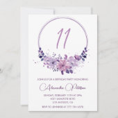 Elegante 11e verjaardagsuitnodigingen Floral Paars Kaart (Voorkant)