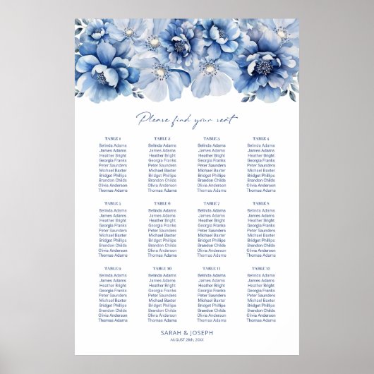 Elegante 12 Tafel Blauw Bloemen Trouwstoel Grafiek Poster (Voorkant)