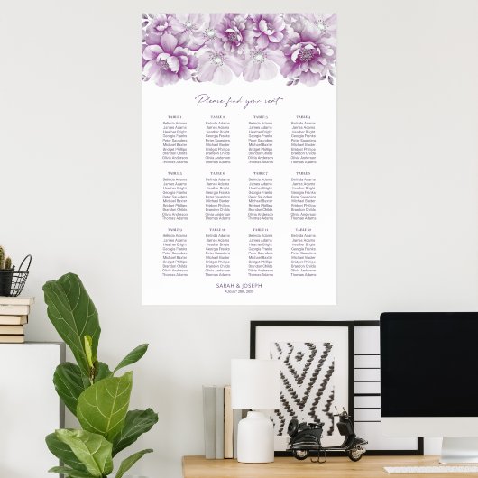 Elegante 12 Tafel Roze Bloemen Trouwstoel Grafiek Poster (Thuiskantoor)