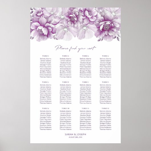 Elegante 12 Tafel Roze Bloemen Trouwstoel Grafiek Poster (Voorkant)