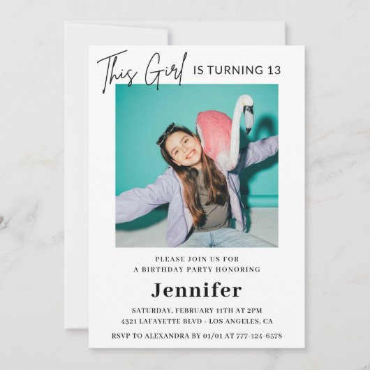 Elegante 13e verjaardag uitnodiging Photo Girl Mod (Voorkant)