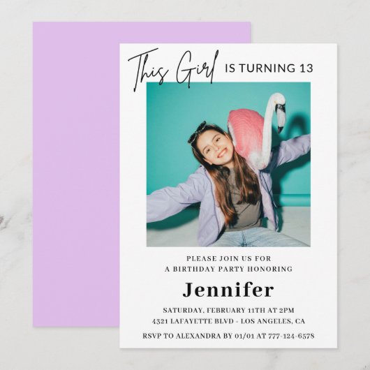 Elegante 13e verjaardag uitnodiging Photo Girl Mod (Voorkant / Achterkant)