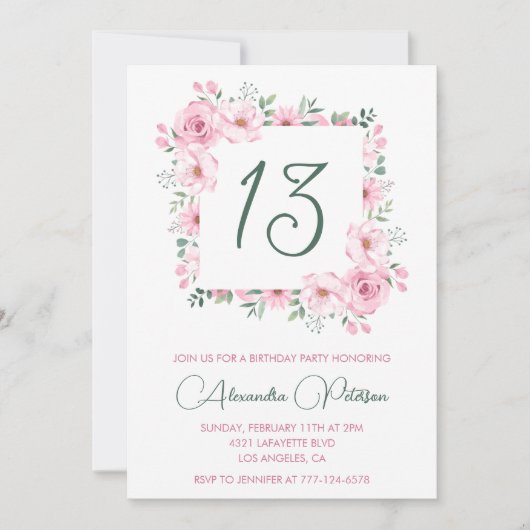 Elegante 13e verjaardag uitnodigingen Floral Pink (Voorkant)
